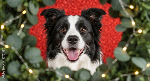 Fototapeta A festive close-up portrait of a happy border collie dog peeking through a christmas wreath. Adorable pet with holiday lights against a red glitter background