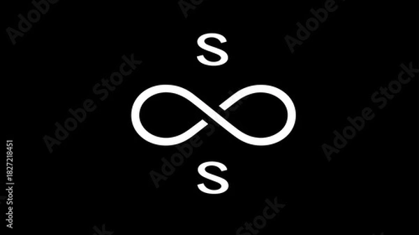 Obraz White infinity symbol with two letter S characters on a black background, representing eternity, endlessness, and continuous flow. Simple graphic.