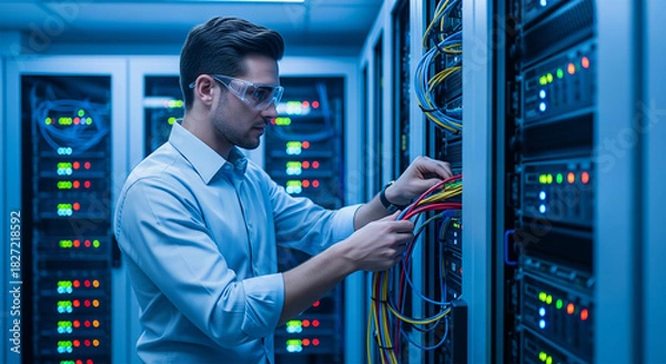 Obraz Male network technician in glasses organizing colorful ethernet cables in data center server rack