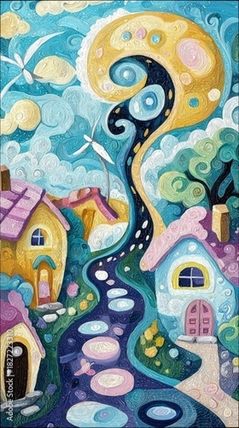 Fototapeta A vibrant, artistic depiction of a winding path leading through a charming village with uniquely shaped, colorful houses under a swirling, dreamlike sky with cl