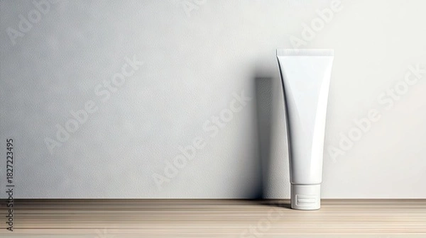 Fototapeta A clean, white cosmetic tube stands upright on a light wooden surface. Behind it, a textured white wall casts a soft shadow. The lighting is gentle and diffused