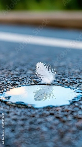 Fototapeta A delicate white feather rests on the surface of a small puddle on a textured asphalt road. The feather's reflection is clearly visible in the water, creating a