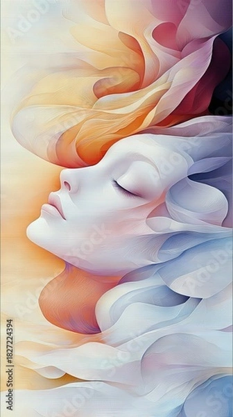 Fototapeta Close-up profile of a woman's face with closed eyes, surrounded by flowing, abstract shapes in pastel colors. Soft, ethereal lighting.