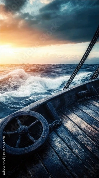 Fototapeta Close-up of a weathered wooden ship's wheel on the deck of a sailing vessel, navigating through choppy ocean waves under a dramatic sunset sky with dark clouds.