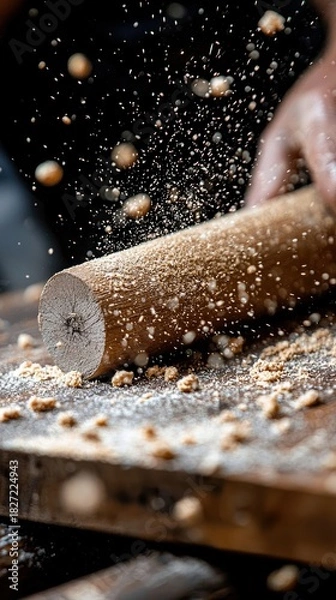 Fototapeta Close-up of a person's hands using a rolling pin to shape a wooden log, creating sawdust that flies into the air. The scene is outdoors with natural lighting.