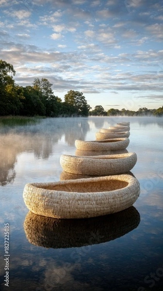 Fototapeta A series of woven baskets are arranged in a line, floating on a serene body of water. Morning mist rises from the surface, and the sky is illuminated by the sof