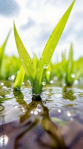 Fototapeta Close-up of vibrant green grass blades emerging from shallow water, with dew drops clinging to the leaves. The background shows a blurred field under a bright,