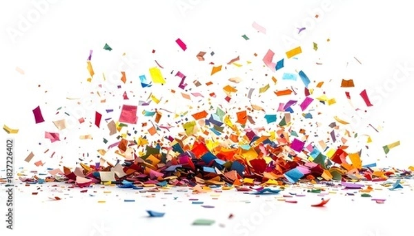 Fototapeta A vibrant explosion of colorful confetti scattered across a bright white background