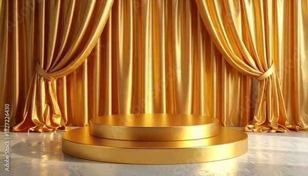 Obraz Elegant golden stage with draped curtains. The stage is set with a luxurious background, perfect for presentations and events