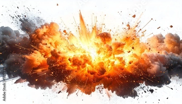 Fototapeta A vibrant, dynamic explosion erupts in a burst of fiery orange and grey against white