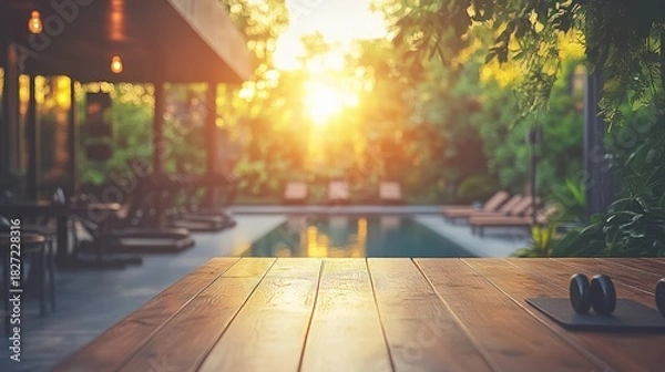Obraz Empty wooden table outdoors by pool at sunset. Use Mockup