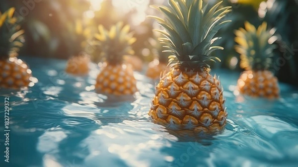 Fototapeta Tropical pineapples floating on rippled water; vibrant sunlight; digital artwork; stock photo