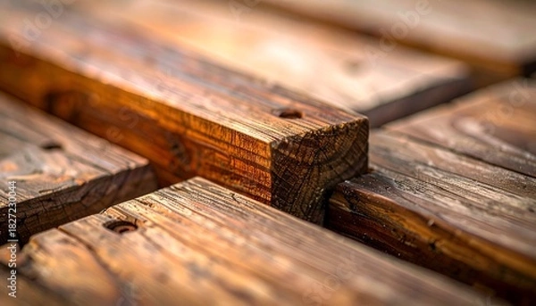 Fototapeta Close-up of weathered, varnished wooden planks and cross beams with visible grain