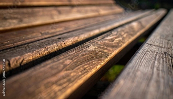 Fototapeta Close-up of weathered wooden bench slats with sunlight highlighting texture and grain