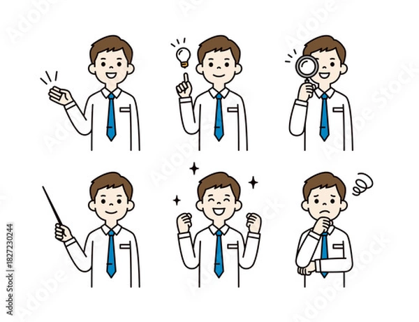 Obraz 色々な表情・ポーズの、若い男性ビジネスマンの上半身ベクターイラスト素材セット＿カラー