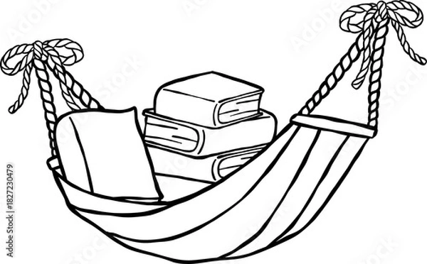 Obraz Summer Reading Bookish Outline Books Stack on Hammock Cartoon Hand Drawn
