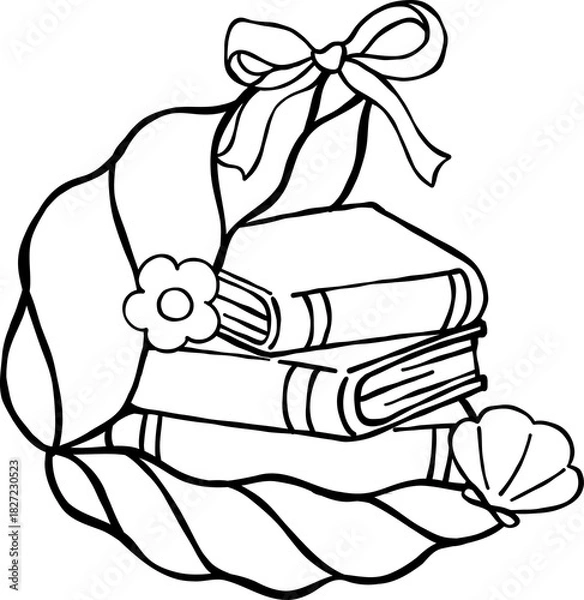 Obraz Summer Reading Bookish Outine Books Stack in Oyster Shell with bow Cartoon Hand Drawn