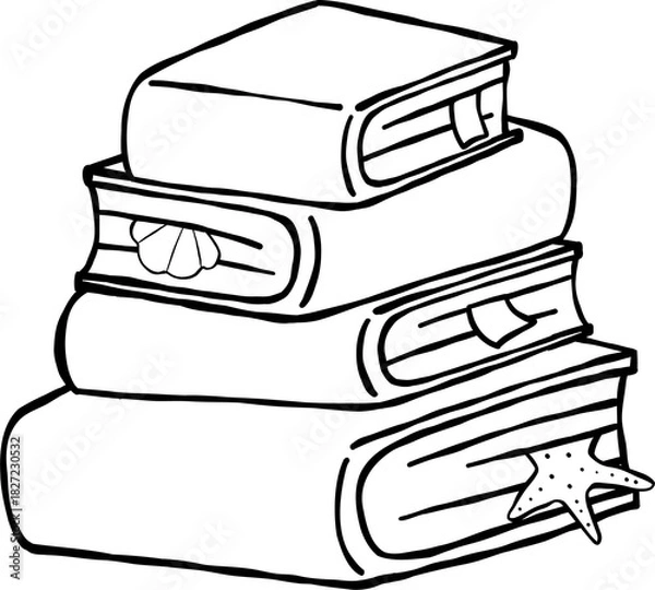 Obraz Summer Reading Bookish Outline Books Stack with seashell Cartoon Hand Drawn