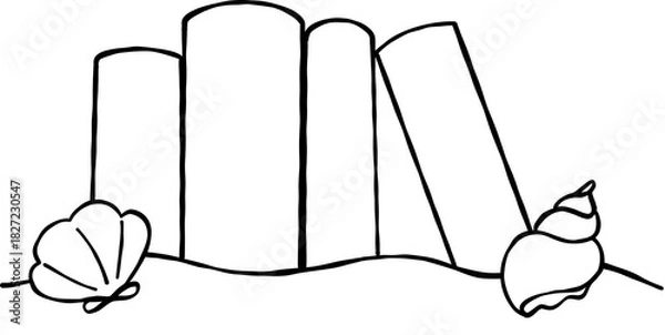 Obraz Summer Reading Bookish Outline Books and seashell on Sand Cartoon Hand Drawn