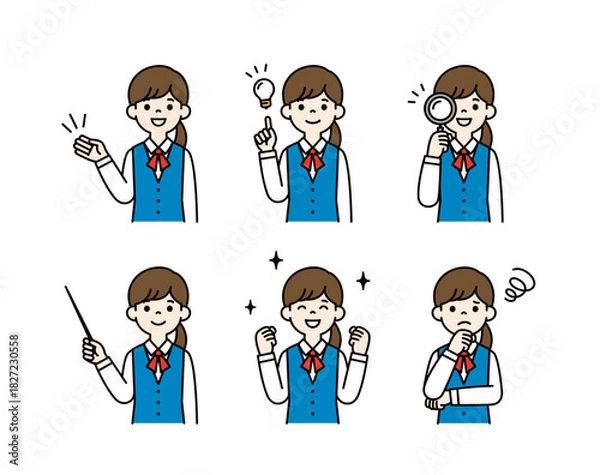 Obraz 様々な表情・ポーズの、制服を着た若い女性・OLの上半身ベクターイラスト素材セット＿カラー