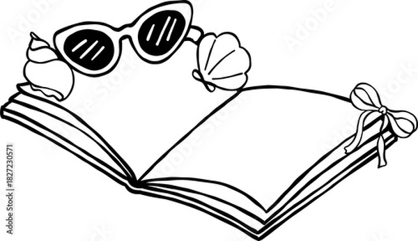 Fototapeta Summer Reading Bookish Outline Open Book with Sunglasses and Seashell Cartoon Hand Drawn