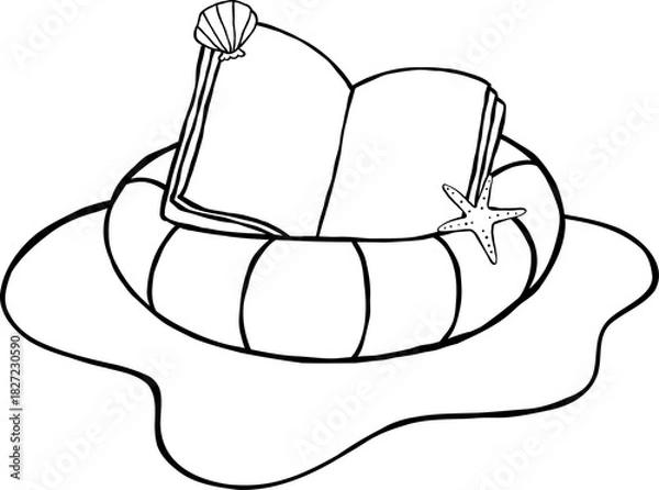 Obraz Summer Reading Bookish Outine Open Book on Swiming Ring Cartoon Hand Drawn