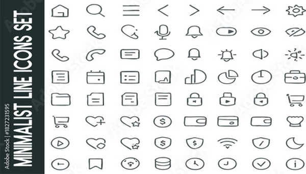 Fototapeta Minimalist Line Icons Set: A comprehensive collection of clean and simple line icons, perfect for web and app design, showcasing essential symbols for various digital interfaces.