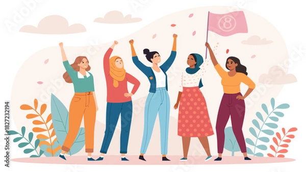 Obraz Happy group of friends, including men and women, smiling and walking in the city, enjoying their shopping trip