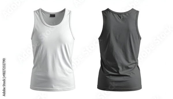 Fototapeta Front and back views of a sleeveless athletic shirt, white and grey, on a white background