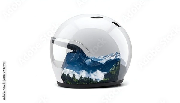 Fototapeta Glossy white motorcycle helmet with a scenic mountain range reflected in the visor