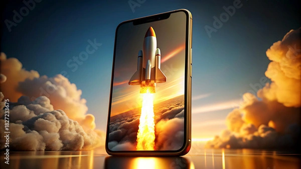 Fototapeta Rocket launch on a smartphone screen symbolizing business startup and technology advancement set against a dramatic sky background