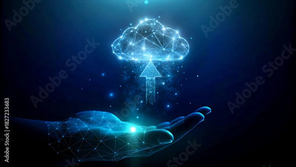 Fototapeta Hand holding a glowing cloud with an upload arrow a concept for cloud computing and data transfer digital illustration