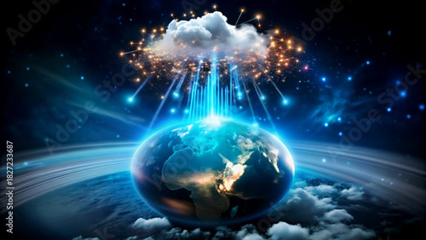 Fototapeta Digital earth with cloud computing data transfer and global network connection modern technology concept for business and innovation