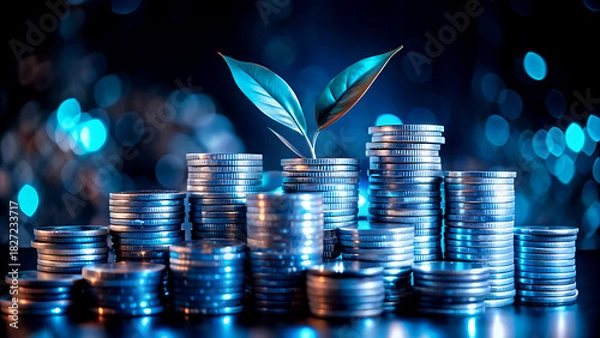 Fototapeta Stacks of shiny coins with a small plant growing representing financial growth and investment on a dark bokeh background