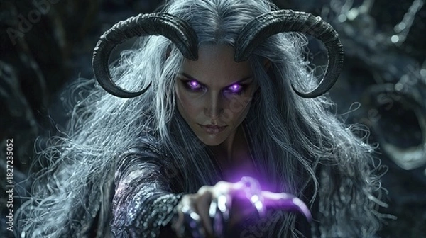 Fototapeta Mystical woman with horns and glowing eyes casts a spell in a fantasy setting