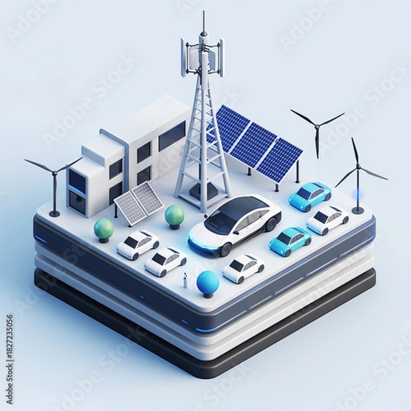 Obraz Isometric 5G cell tower with solar panels, wind turbines, and electric vehicles on smart city platform