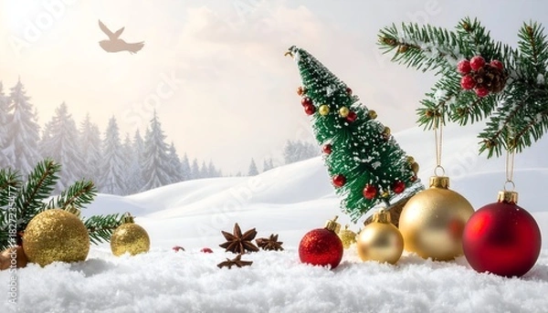 Fototapeta Festive Christmas scene features snow-covered landscape with ornaments and a decorative tree