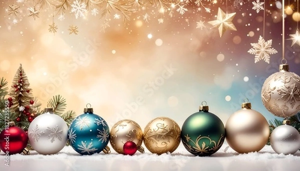 Fototapeta Festive Christmas scene with ornaments, snowflakes, stars, and blurred bokeh background