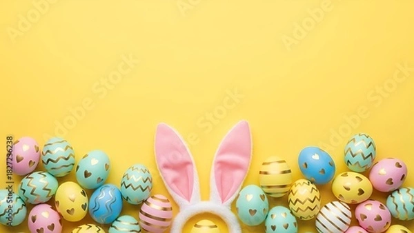 Fototapeta  Colorful Easter Eggs and Pink Bunny Ears Border on Yellow Background with Copy Space