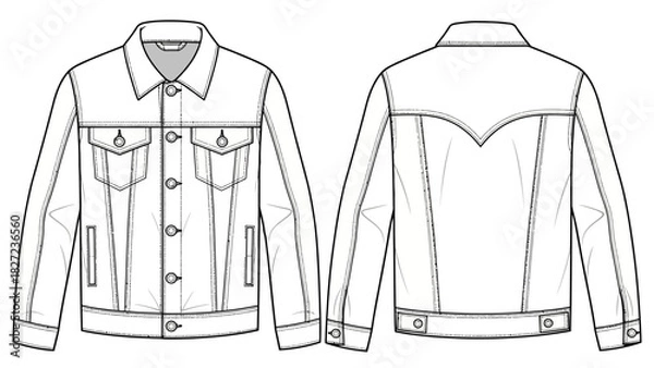 Fototapeta Front and back view of a classic denim jacket with collar and pockets design