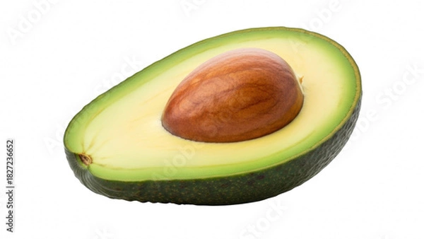Obraz Half of a ripe avocado with the large brown seed visible, isolated on transparent background