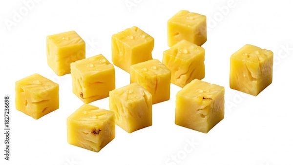 Obraz A collection of fresh, ripe pineapple chunks cut into perfect cubes, isolated on transparent background