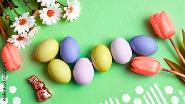 Fototapeta  Pastel Easter Eggs with Tulips and Chocolate Bunny Flat Lay on Green Background