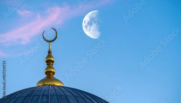 Fototapeta Golden crescent and dome atop a structure, with a moon in the sky
