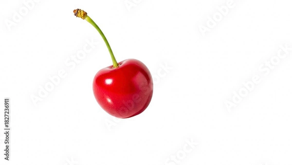 Obraz Single ripe red cherry with a long green stem isolated on transparent background