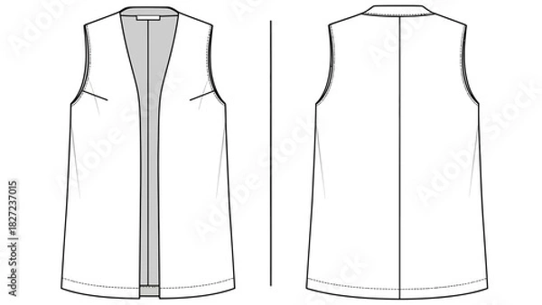 Fototapeta Flat fashion sketch of a sleeveless open-front blazer, front and back views, vector drawing