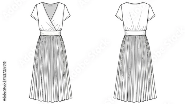 Fototapeta Fashion illustration of a sophisticated V-neck wrap dress with a flowing pleated skirt, shown from front and back views