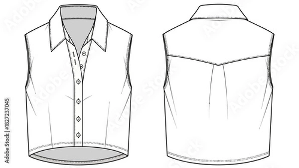 Fototapeta Sleeveless Collared Crop Top Fashion Flat Sketch with Front and Back View