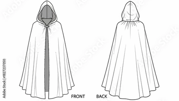Fototapeta Front and back view of a simple hooded cape or cloak, a piece of apparel with a cape and hood