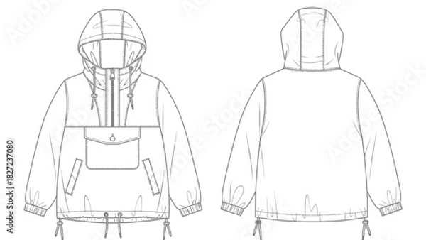 Fototapeta Fashionable technical outerwear Front and back views of a hooded anorak jacket